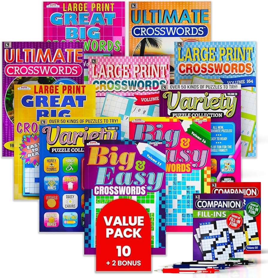 10 Pack Large Print Crossword Puzzles For Seniors Plus 2 Fill In Puzzle Books And 4 Pens Big Bold Easy to Read Perfect Brain Stimulation Elderly 