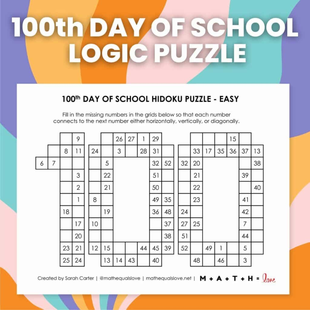 100th Day Of School Hidoku Logic Puzzles Math U003d Love