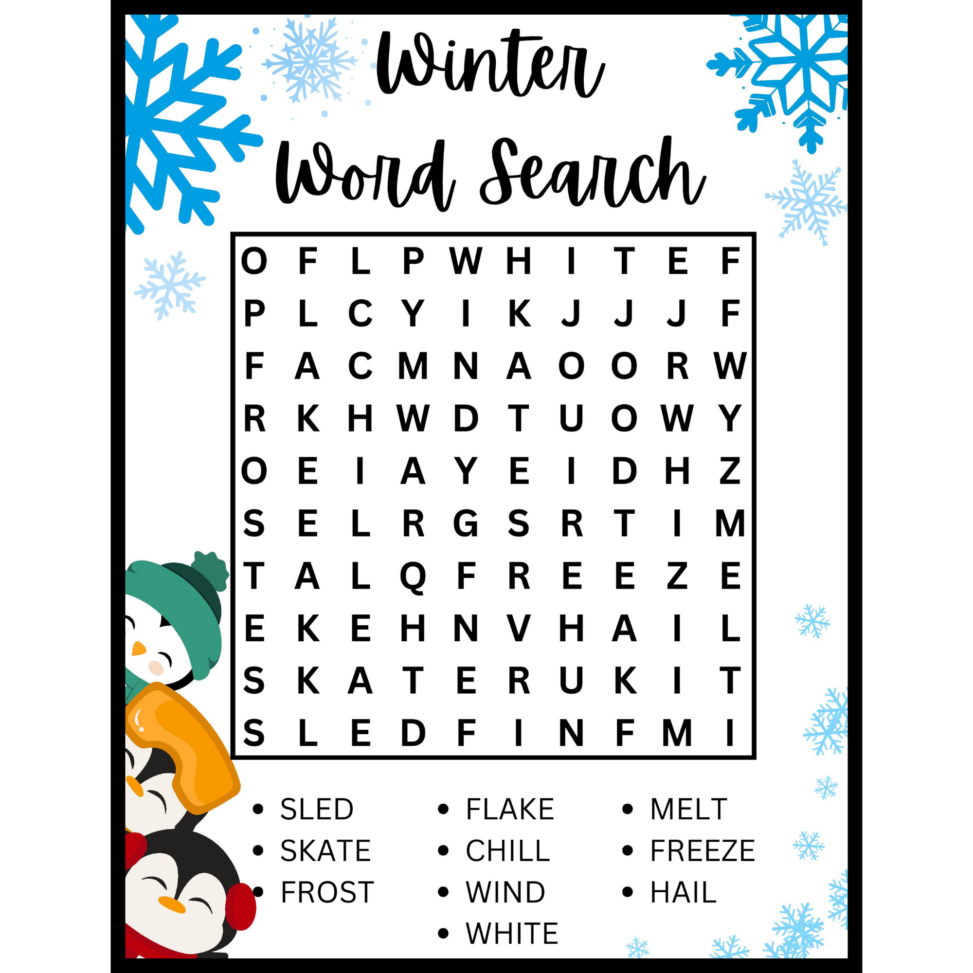 1st Grade 2nd Grade Winter Word Search Puzzle Worksheet Activity 