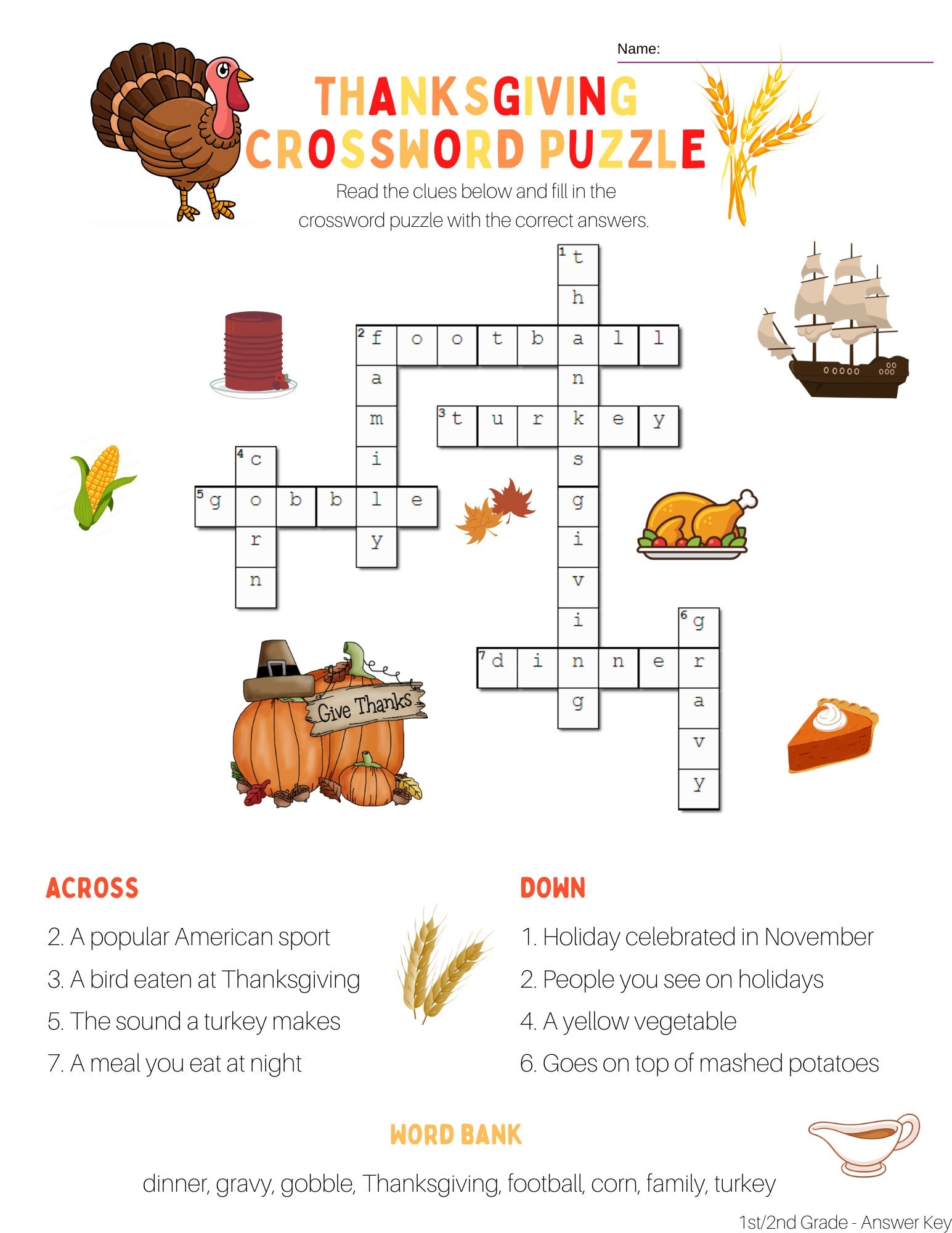 2nd Grade Thanksgiving Crossword Puzzle With Word Bank And Answer Key Printable 2nd Grade Thanksgiving Crossword Puzzle With Word Bank And Answer Key Printable