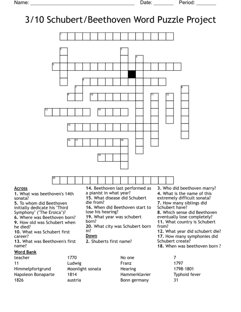 3 10 Schubert Beethoven Word Puzzle Project Crossword WordMint