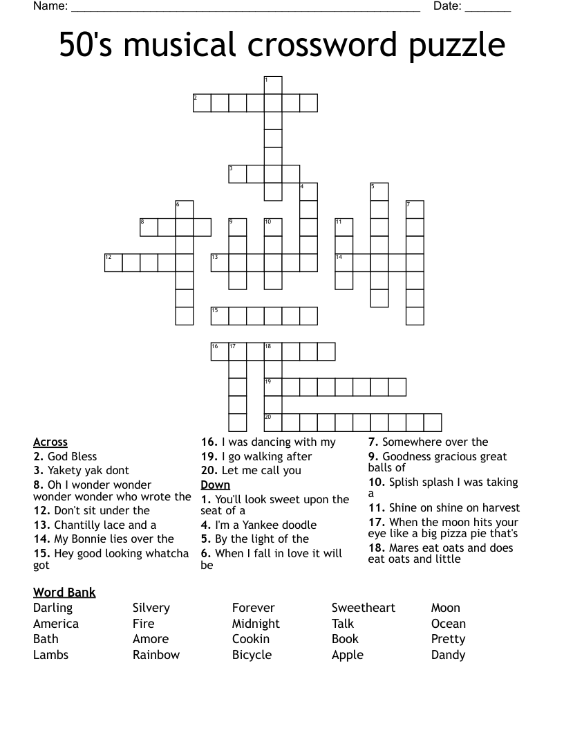 50 s Musical Crossword Puzzle WordMint 50 s Musical Crossword Puzzle WordMint