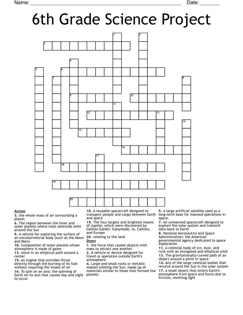 6th Grade Science Project Crossword WordMint