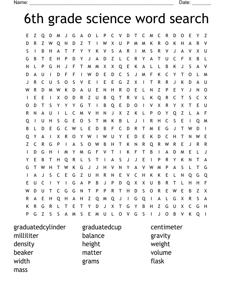 6th Grade Science Word Search WordMint