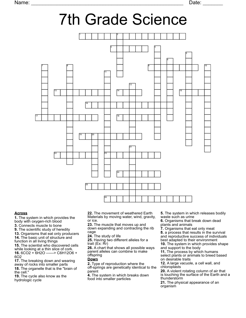 7th Grade Science Crossword WordMint