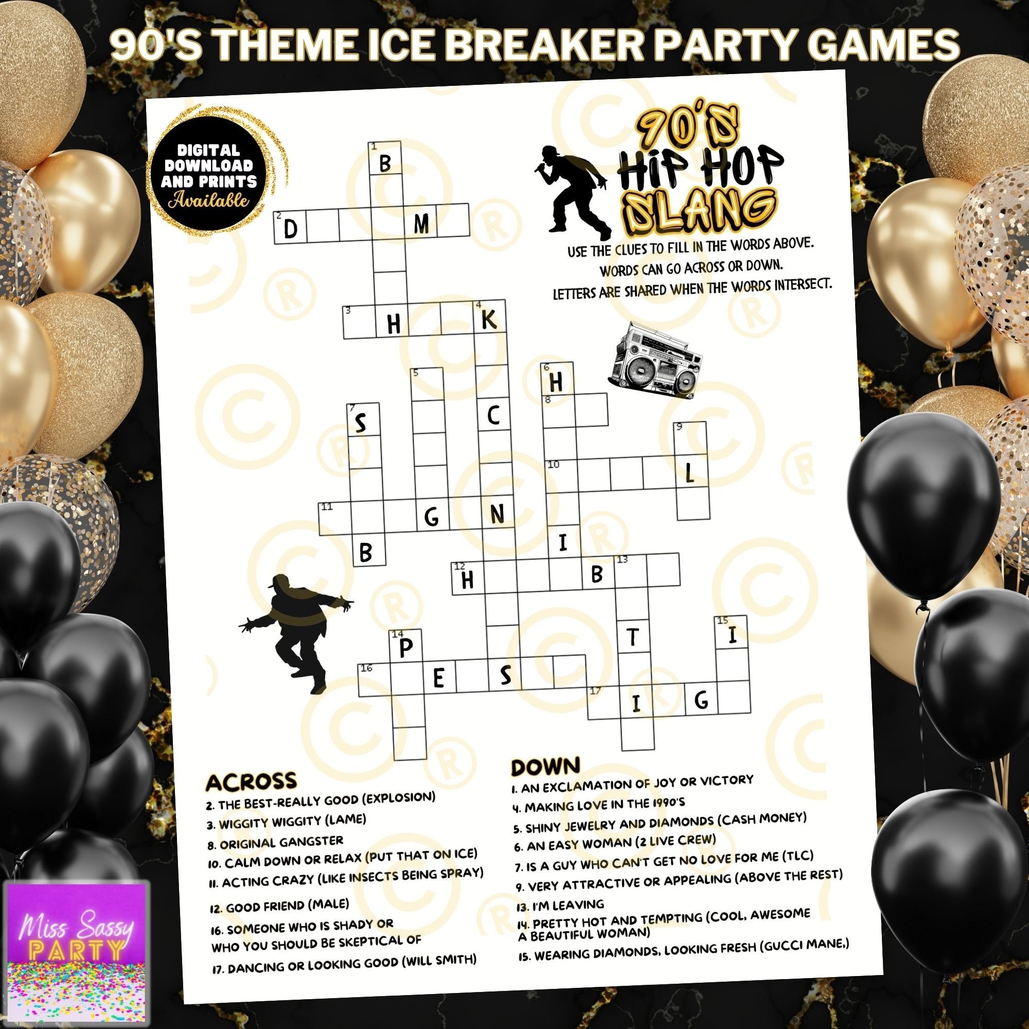 90 s Hip Hop Crossword Puzzle Old School Birthday Baby Shower Group Activity Guess The Lyrics Ice Breaker Party Game 90 s Slang Ru0026B Music