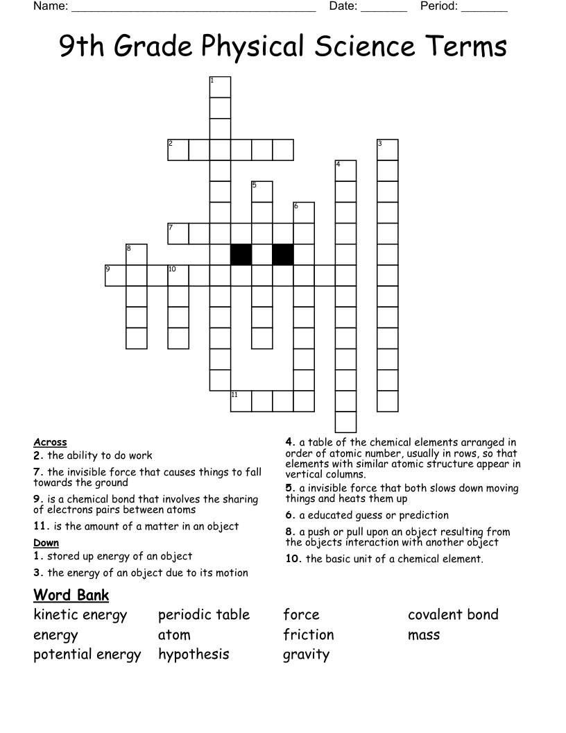 9th Grade Physical Science Terms Crossword WordMint
