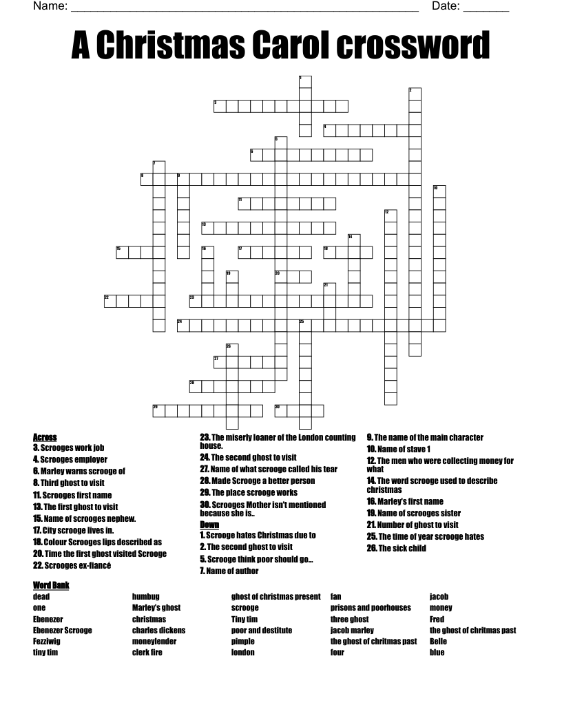 A Christmas Carol Crossword WordMint