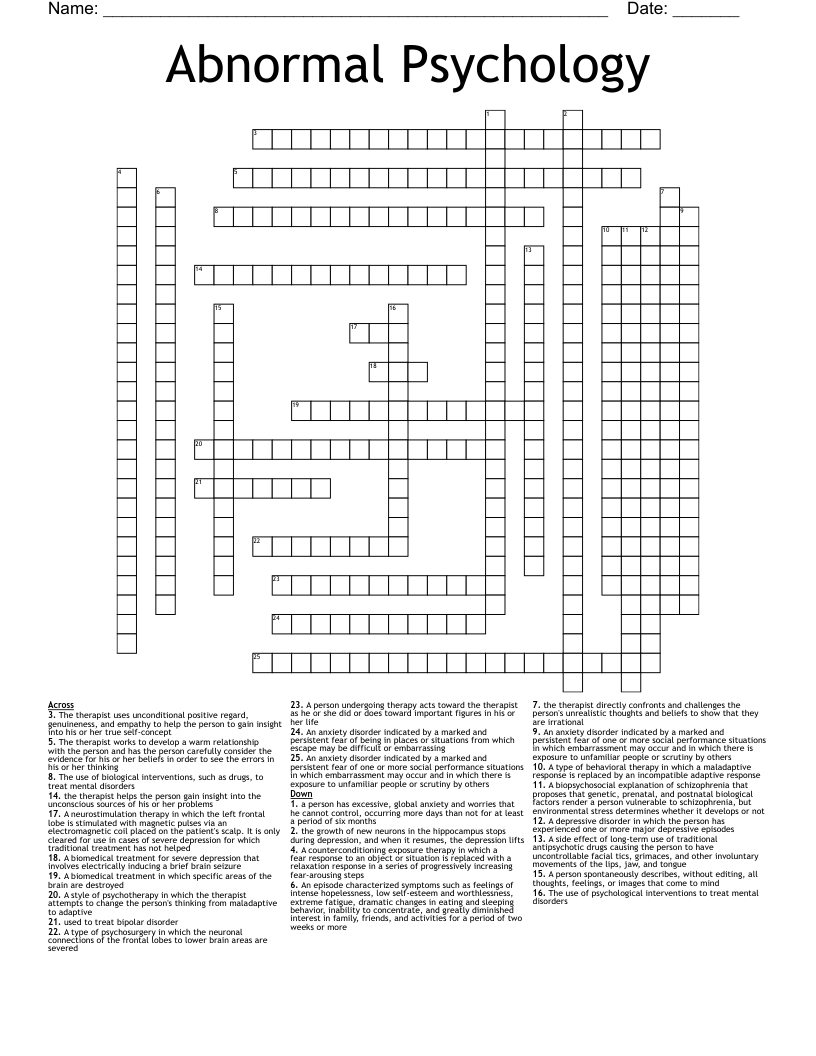 Abnormal Psychology Crossword WordMint