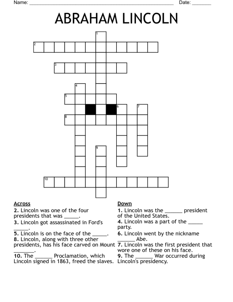 ABRAHAM LINCOLN Crossword WordMint