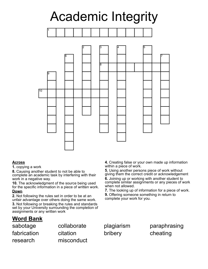 Academic Integrity Crossword WordMint