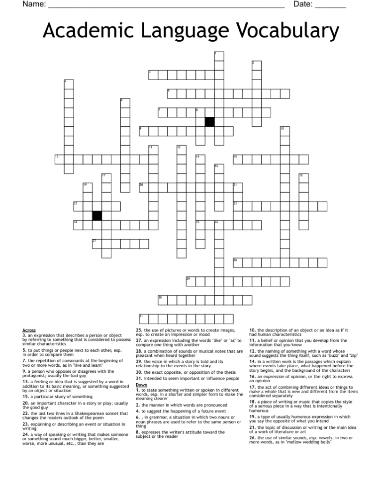 Academic Language Vocabulary Crossword WordMint
