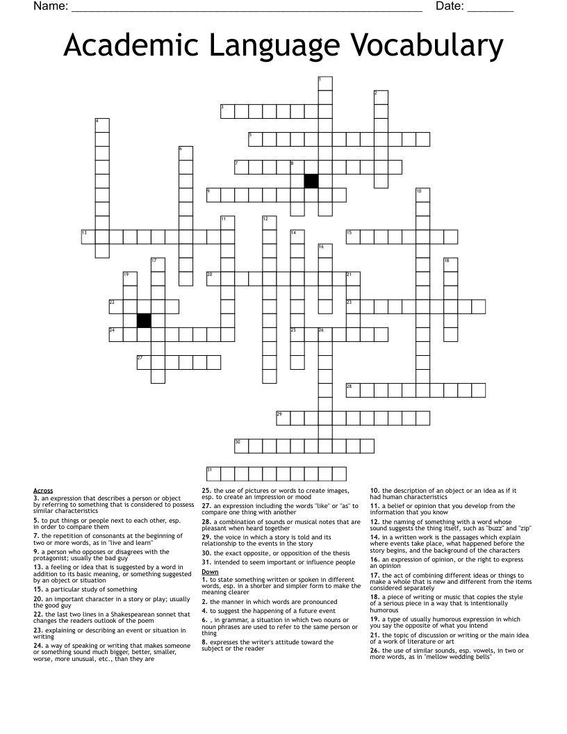 Academic Language Vocabulary Crossword WordMint