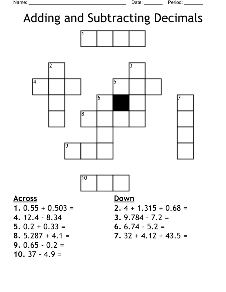 Adding And Subtracting Decimals Crossword WordMint