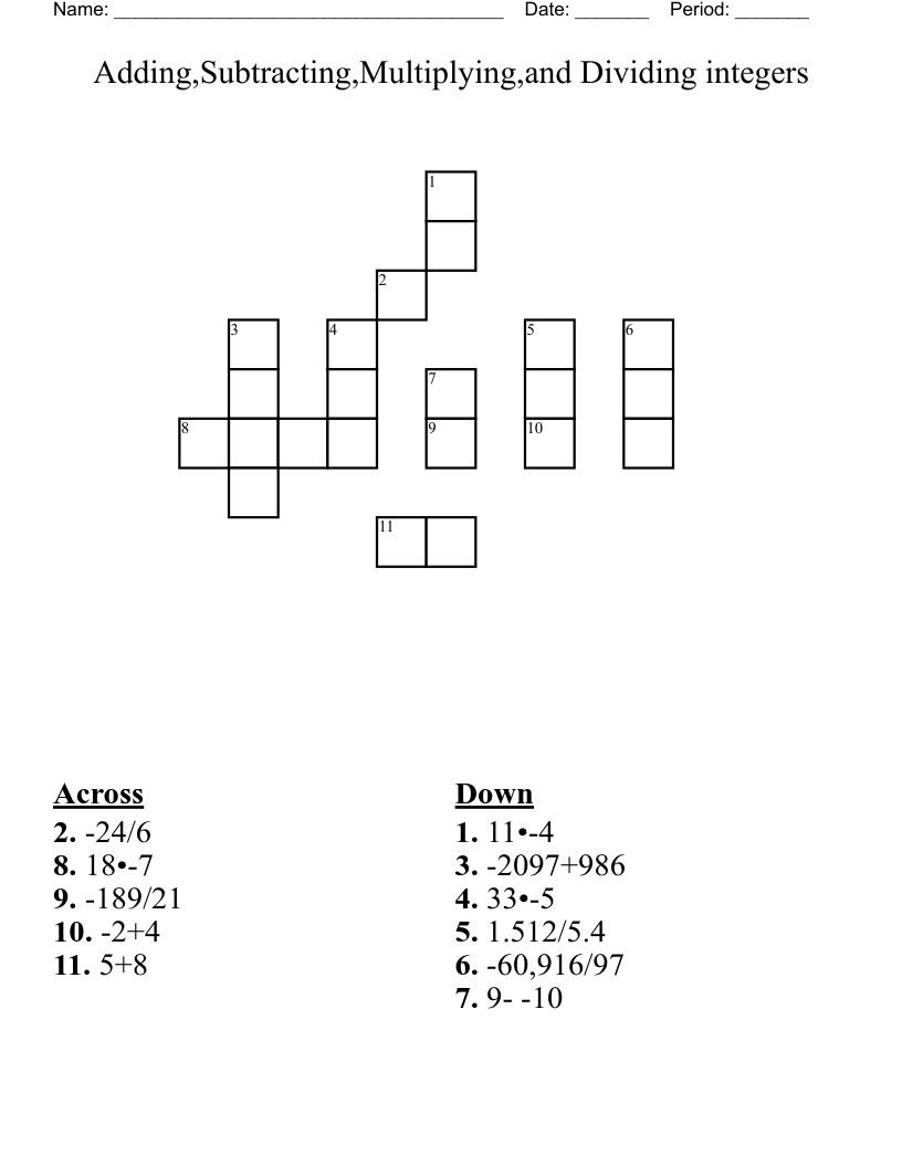 Adding Subtracting Multiplying and Dividing Integers Crossword WordMint