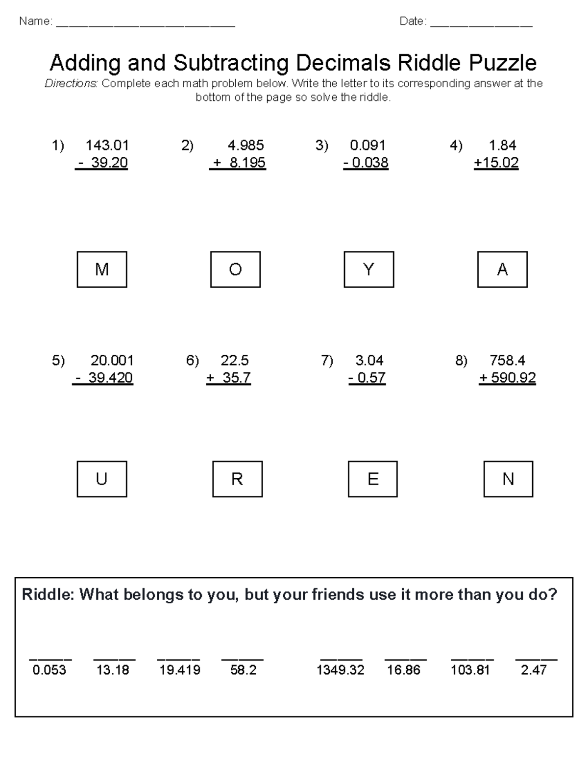 Addingand Subtracting Decimals Math Riddle Puzzle Printable Addingand Subtracting Decimals Math Riddle Puzzle Printable