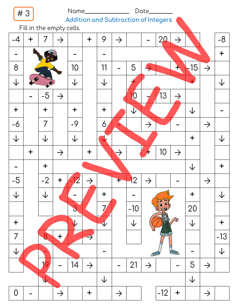 Addition And Subtraction Of Integers Crosswords Teaching Resources