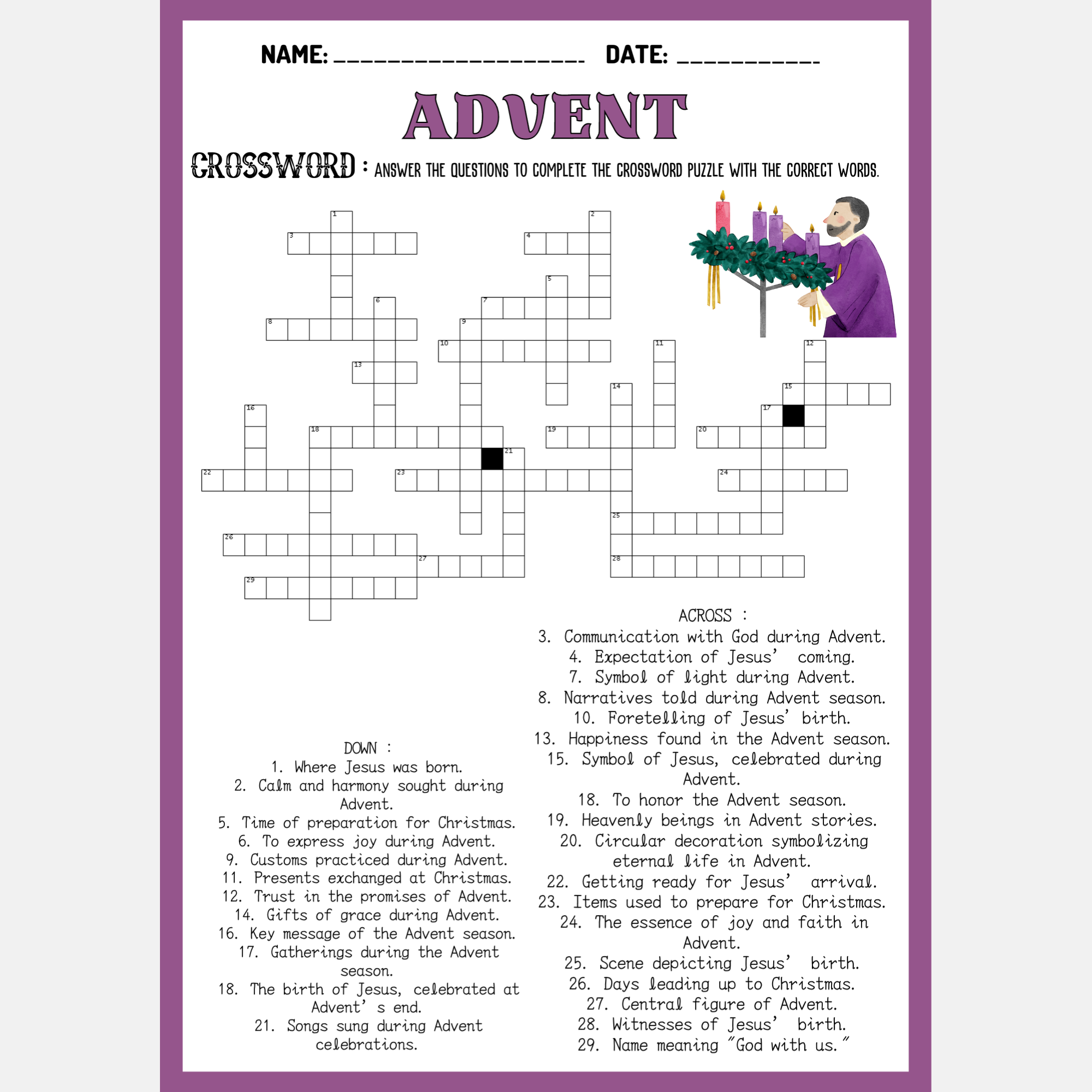 ADVENT Crossword Puzzle Worksheet Activity Made By Teachers