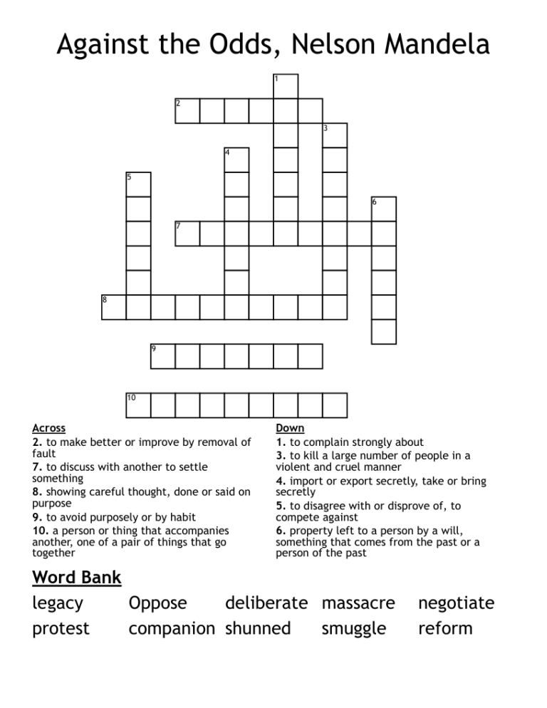 Against The Odds Nelson Mandela Crossword WordMint