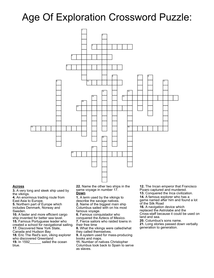 Age Of Exploration Crossword Puzzle WordMint