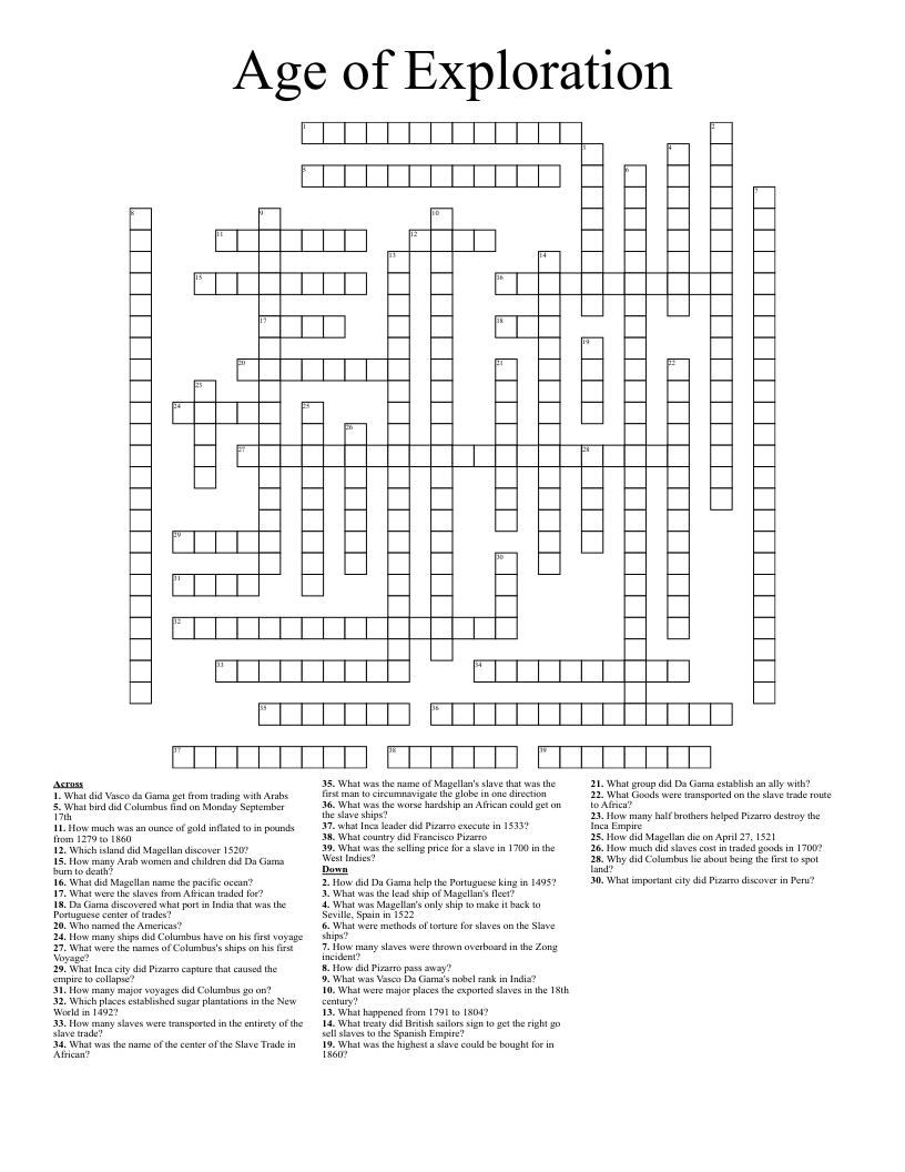 Age Of Exploration Crossword WordMint