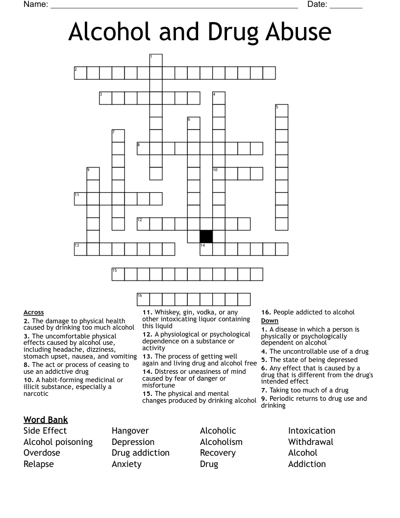 Alcohol And Drug Abuse Crossword WordMint Alcohol And Drug Abuse Crossword WordMint