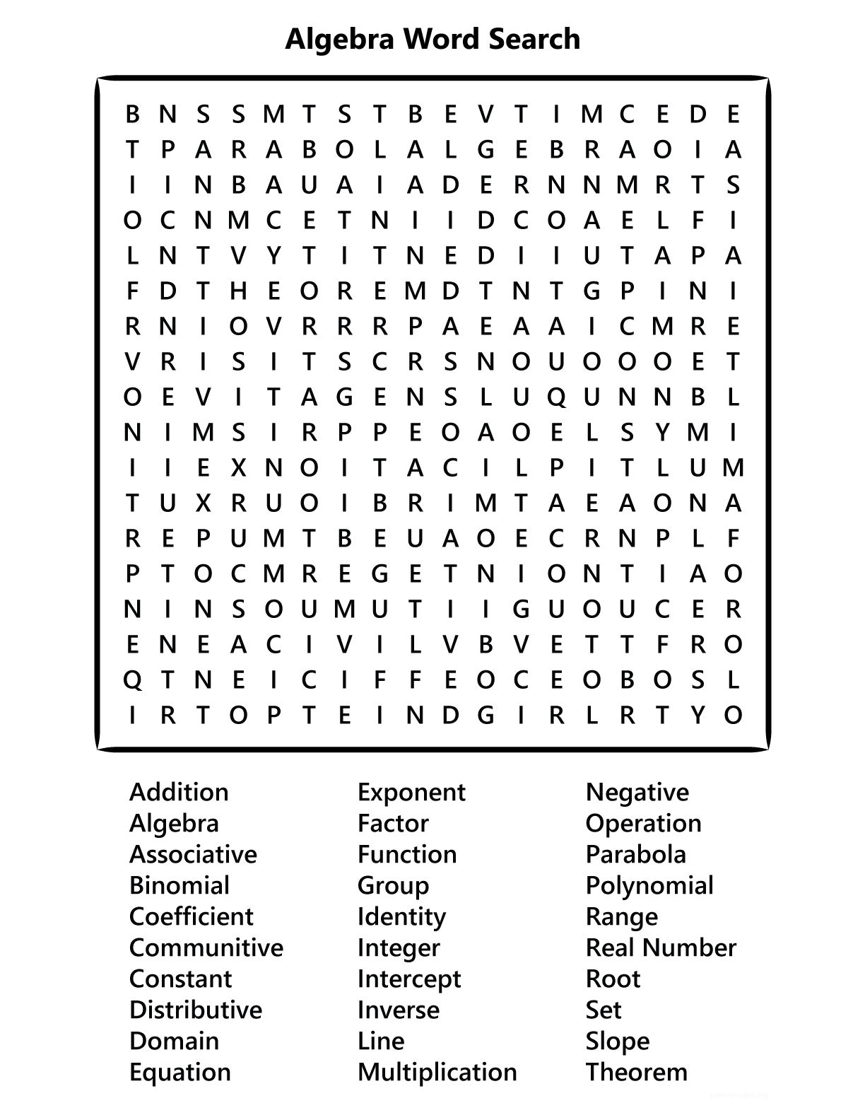 Algebra Word Search Algebra Word Search