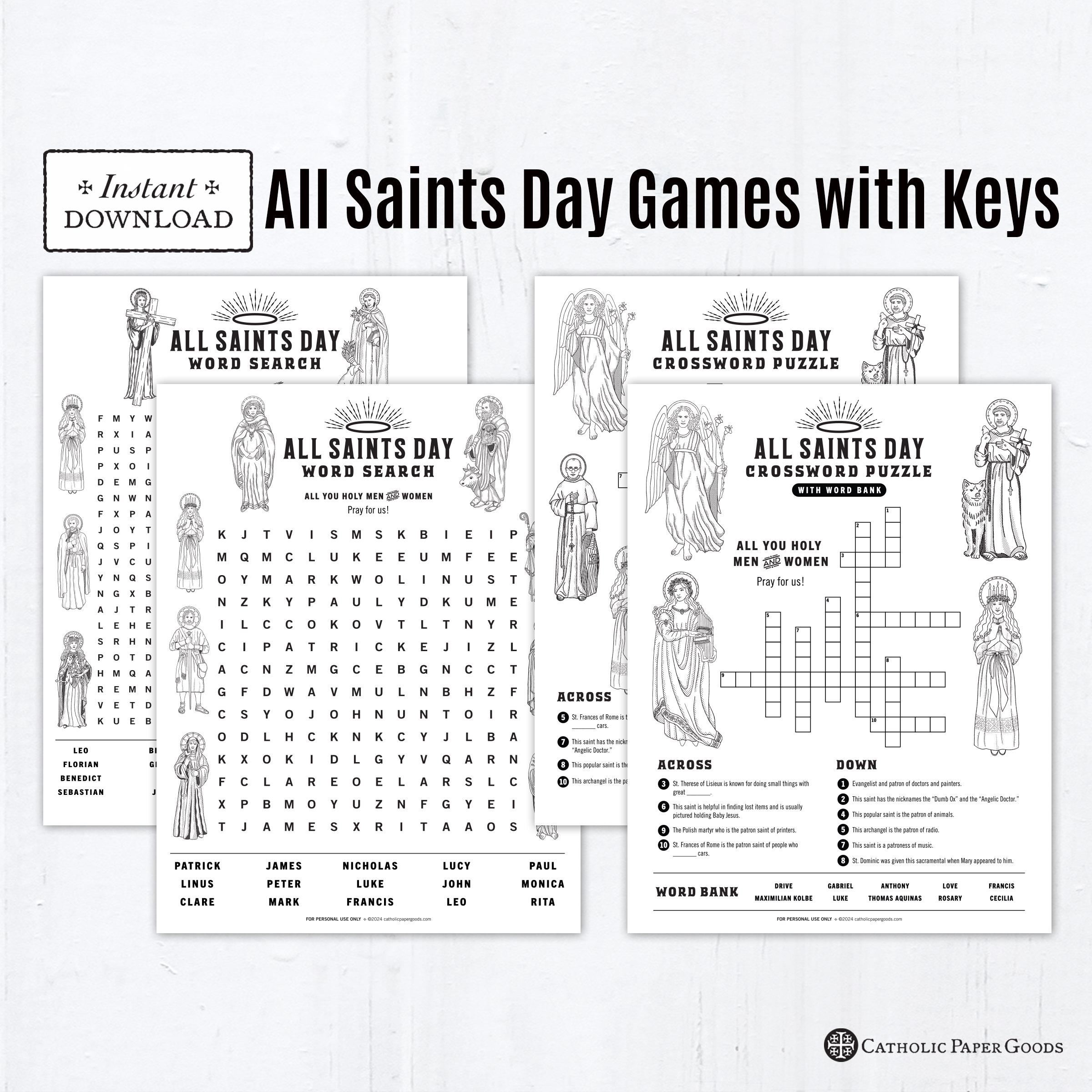 All Saints Day Crossword Puzzle All Saints Day Word Search Catholic Printable Activities Digital PDF All Saints Activity With Answer Keys