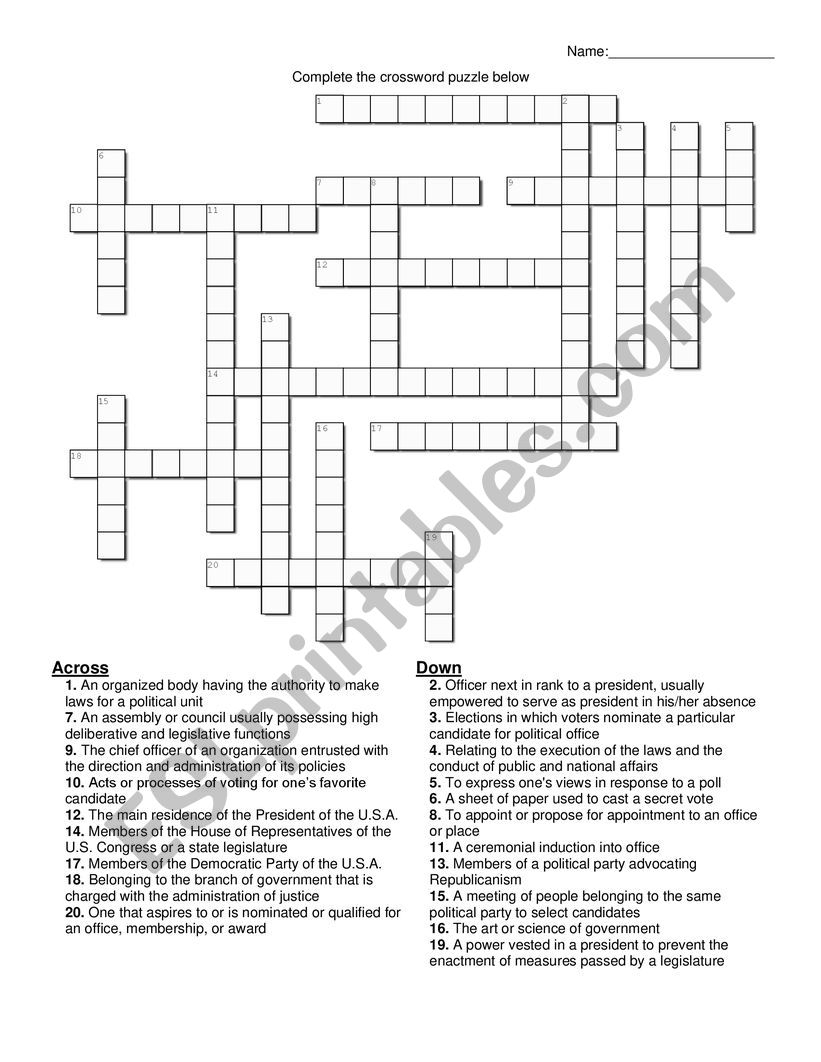 American Electoral System Crossword Puzzle ESL Worksheet By Sadbetty