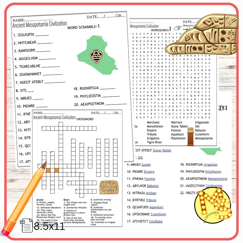 Ancient Mesopotamia Civilization Worksheets Crossword Word Scramble Word Search