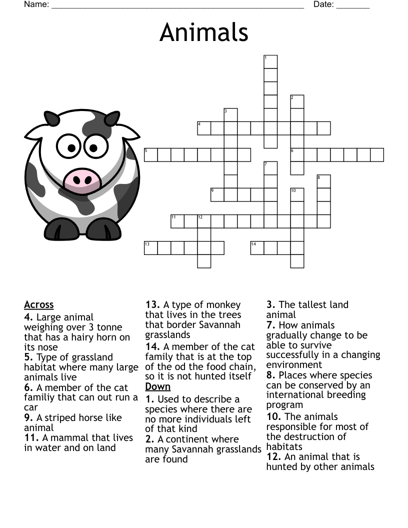 Printable Animal Crossword Puzzle For Adults