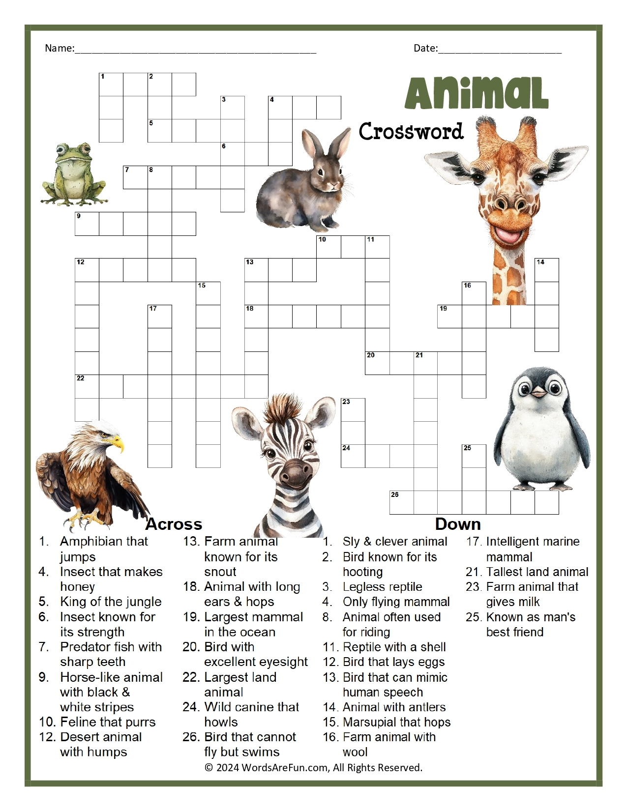 Animal Crossword Puzzles Animal Crossword Puzzles