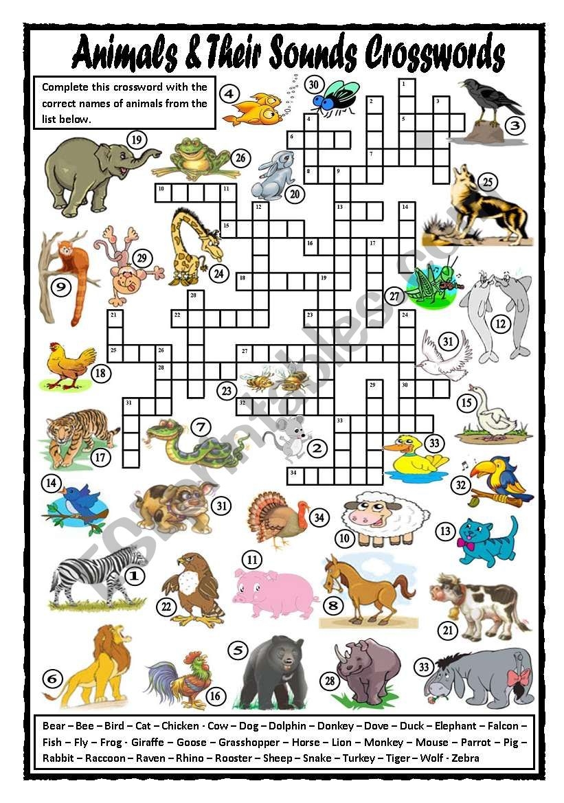 Animals And Their Sounds Crosswords ESL Worksheet By Missola