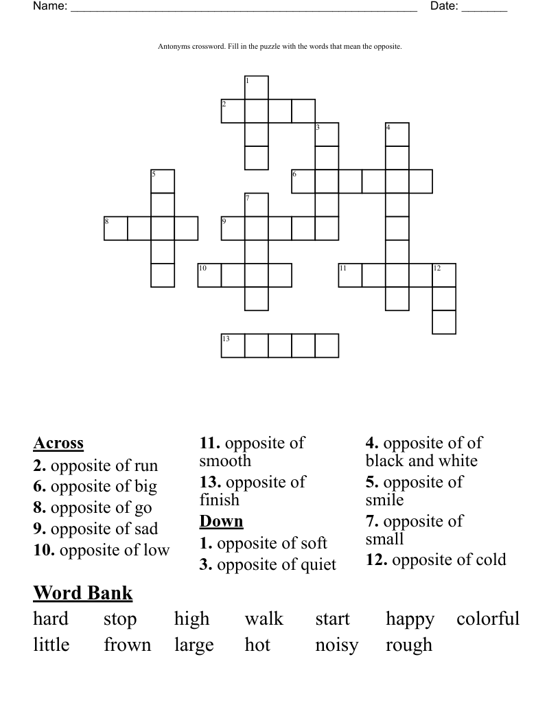 Antonyms Crossword Fill In The Puzzle With The Words That Mean The Opposite WordMint