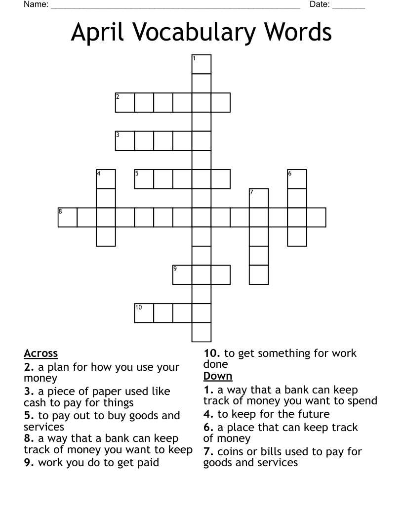April Vocabulary Words Crossword WordMint