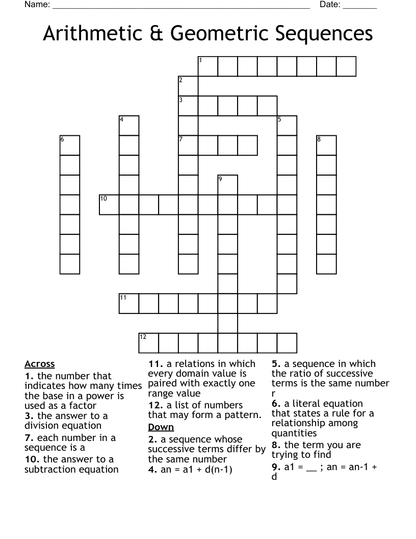 Arithmetic U0026 Geometric Sequences Crossword WordMint