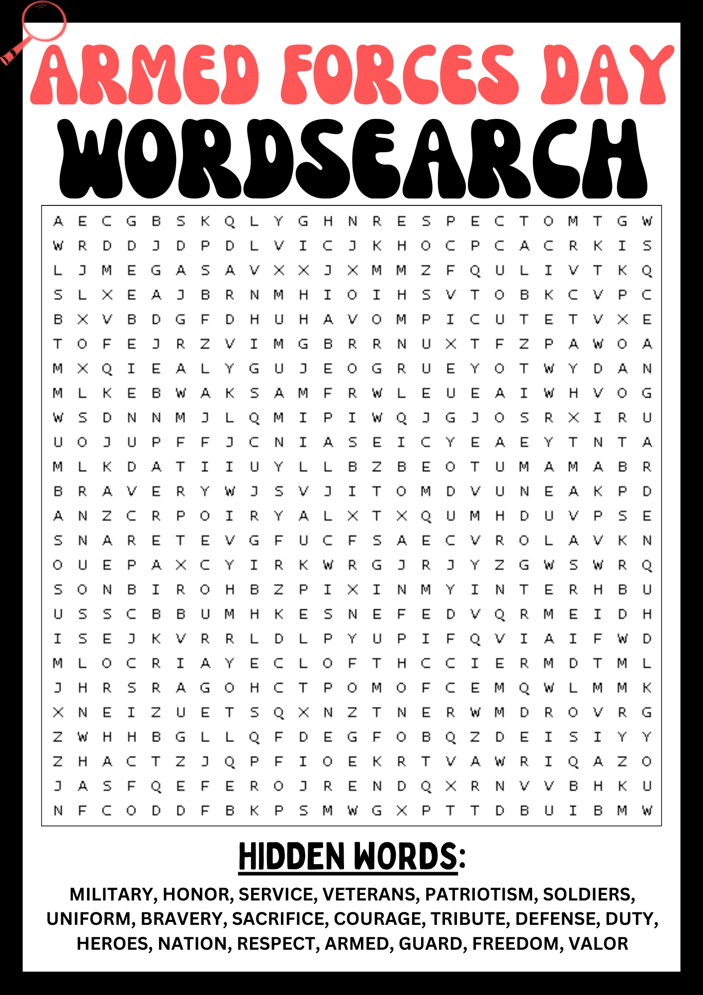 ARMED FORCES DAY Wordsearch Puzzle Worksheet Printables Activity 