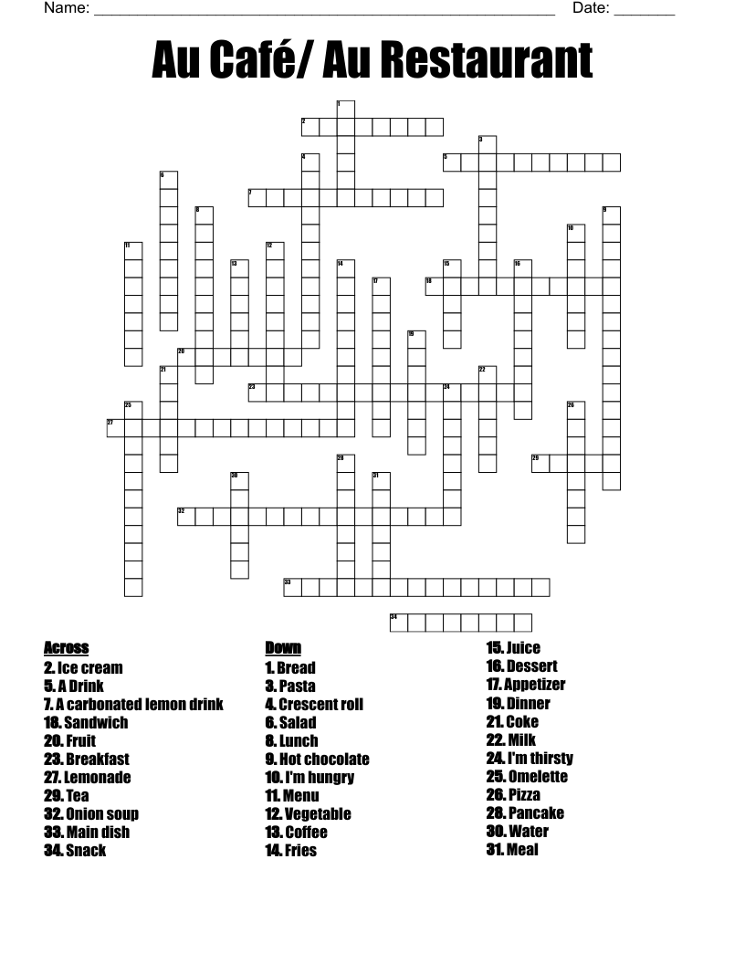 Au Caf Au Restaurant Crossword WordMint