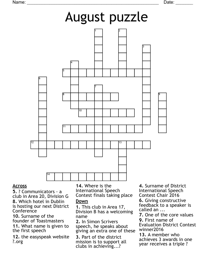 August Puzzle Crossword WordMint August Puzzle Crossword WordMint