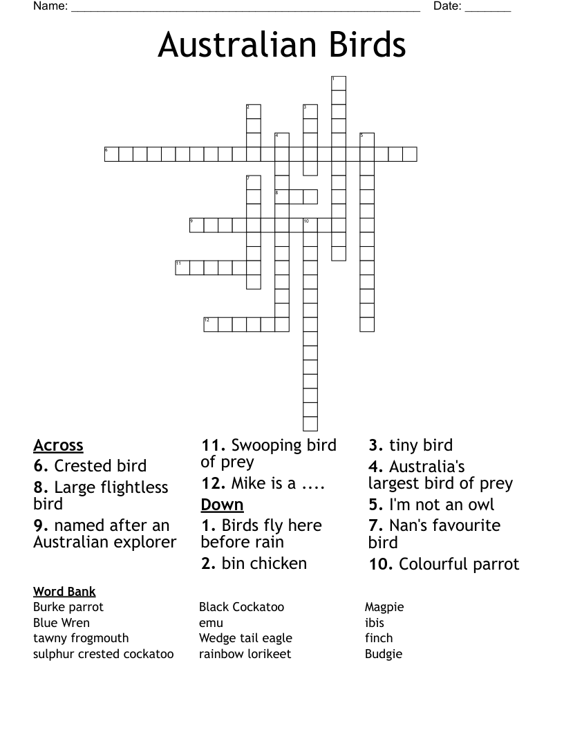 Australian Birds Crossword WordMint