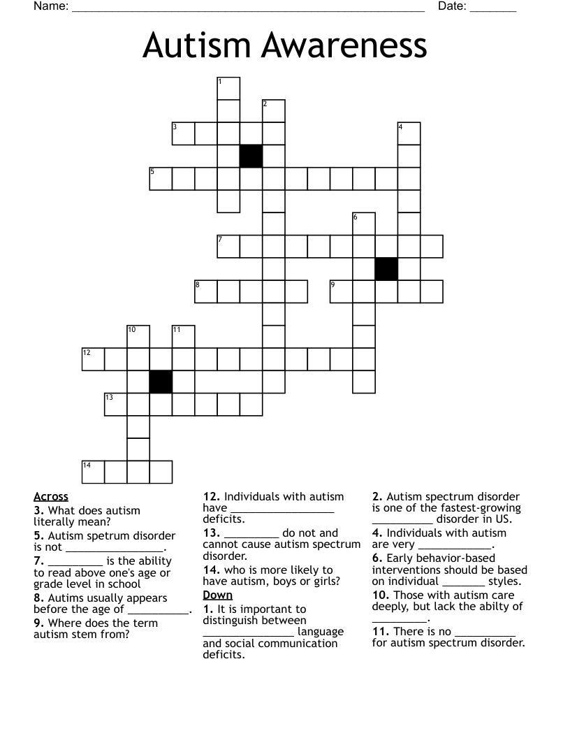 Autism Awareness Crossword WordMint