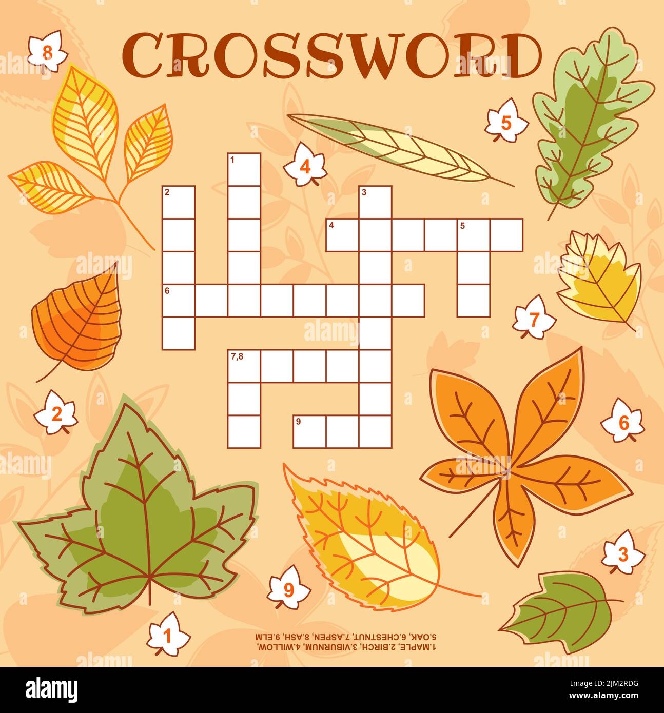 Autumn Tree Leaves Crossword Grid Worksheet Find A Word Quiz Game 