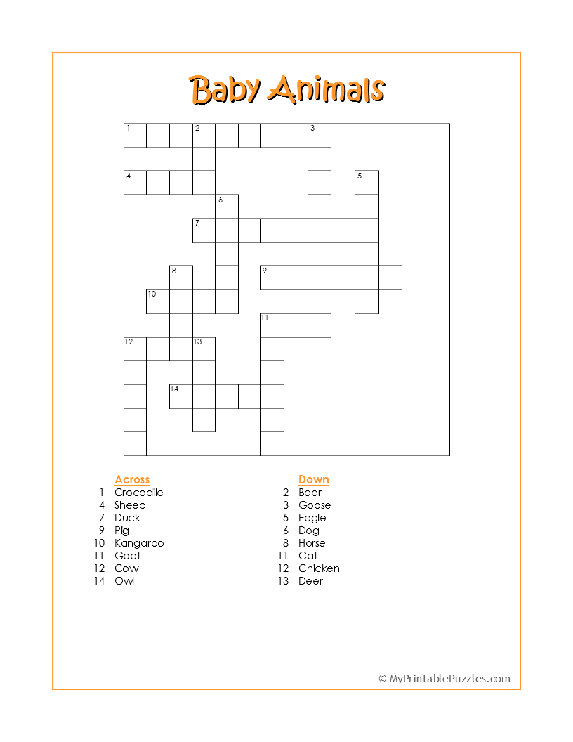 Baby Animals Crossword Puzzle My Printable Puzzles Baby Animals Crossword Puzzle My Printable Puzzles