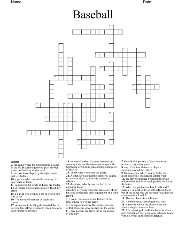Baseball Crossword WordMint