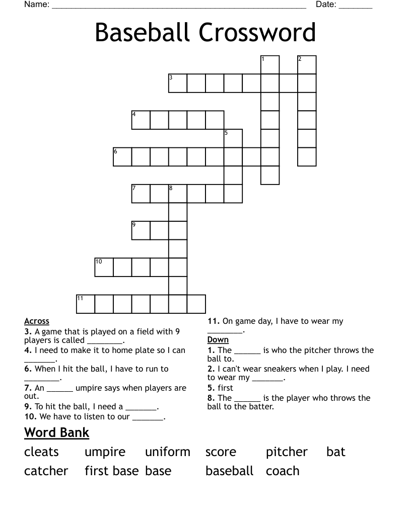 Baseball Crossword WordMint Worksheets Library