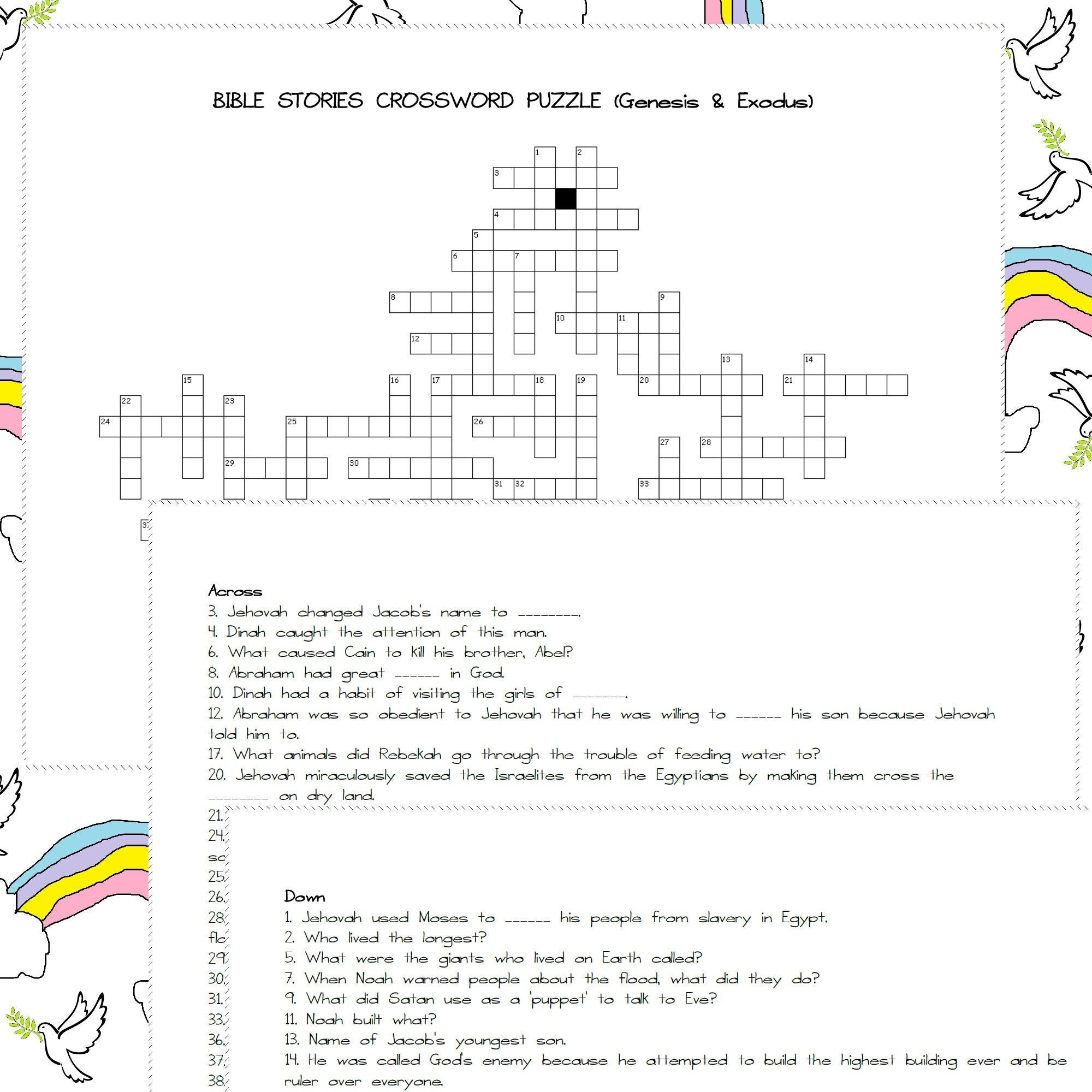 Bible Stories Crossword Puzzle Genesis U0026 Exodus JW Printables For Kids Family Worship JW Activity Sheet Instant Download PDF Etsy UK
