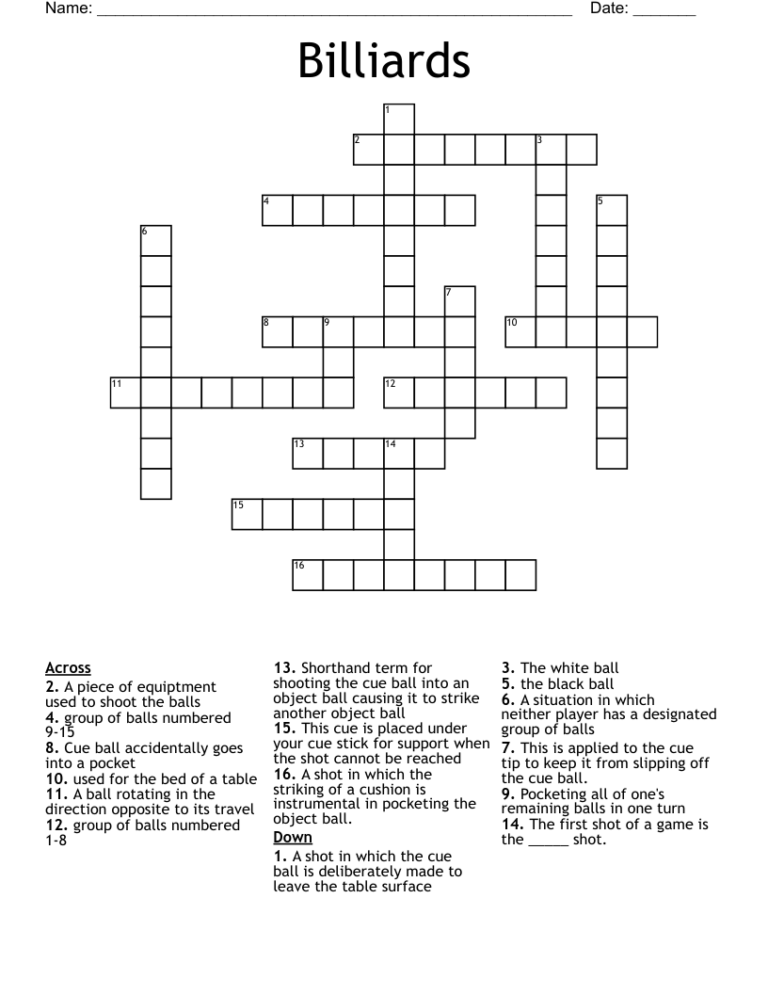 Billiards Crossword WordMint