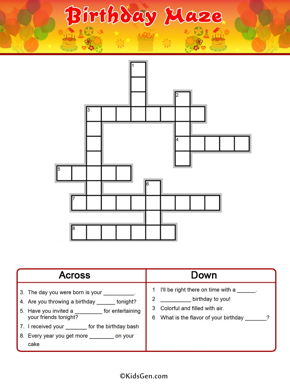 Birthday Color Crossword Template Birthday Color Crossword Template