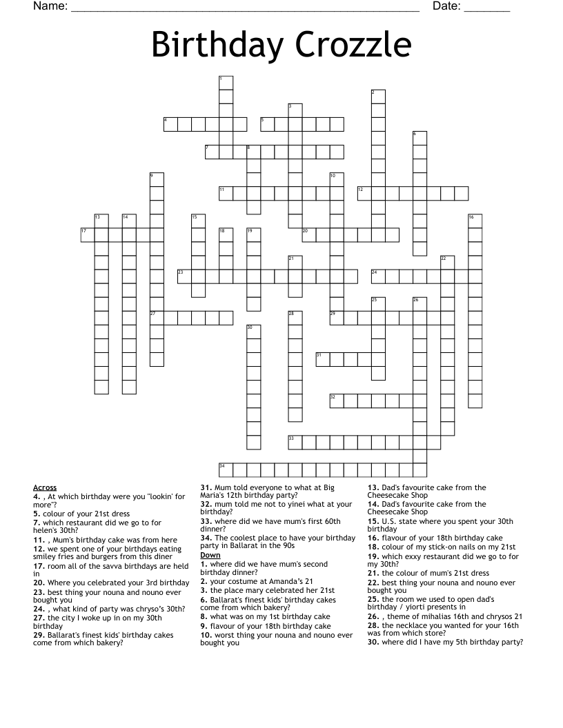 Birthday Crozzle Crossword WordMint Birthday Crozzle Crossword WordMint