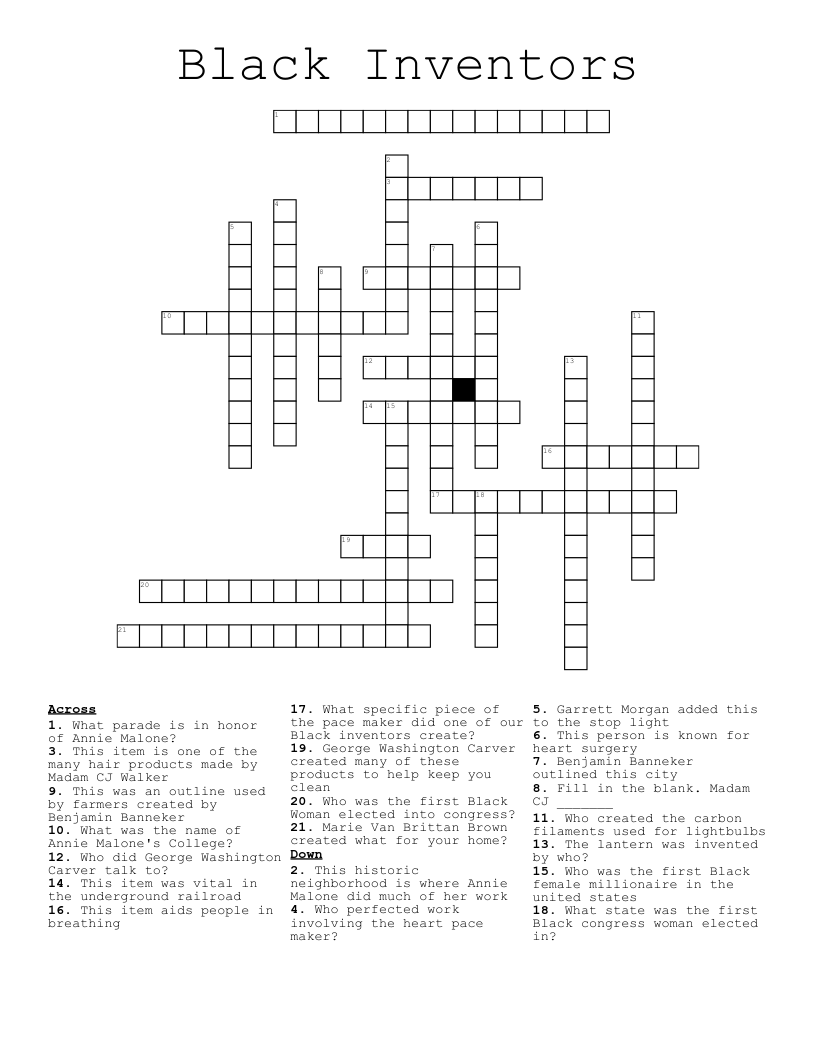 Black History Crossword Puzzles Inventions Printable Black History Crossword Puzzles Inventions Printable